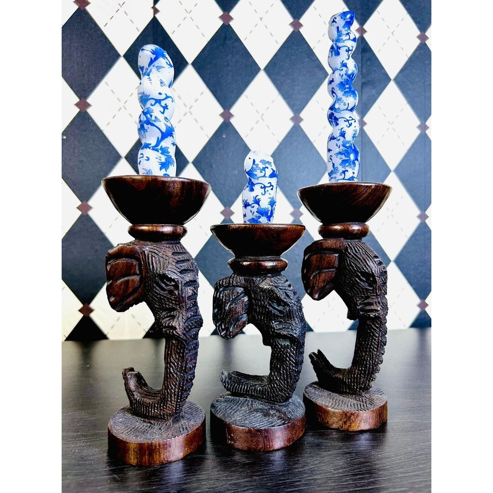 Hand Carved Zimbabwe Wooden Elephant Candle Holders Set of 3 African Safari - Picture 13 of 15